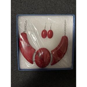 Red Stone Necklace and Earring Set with Silver Chain new in box NWT